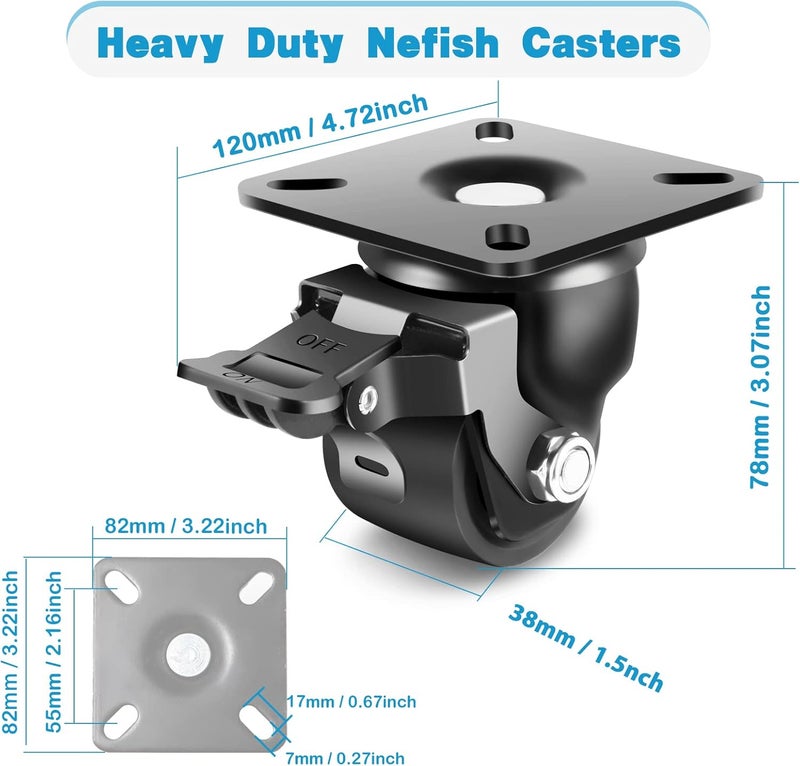 Nefish 2-Inch Heavy Duty Casters Set of 4, Industrial Grade Castors Wheels 2200 LBS, Low Gravity Plate Swivel Caster with Brake, Durable & Corrosion-Resistant Nylon Wheels for Industrial, Equipment - Image 2